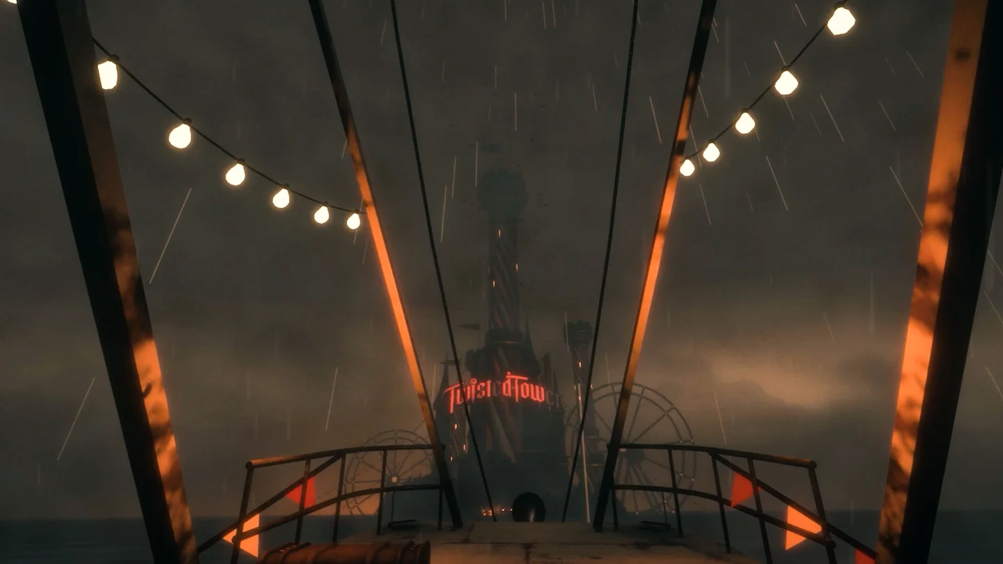 Twisted Tower seen through rain from a cable car