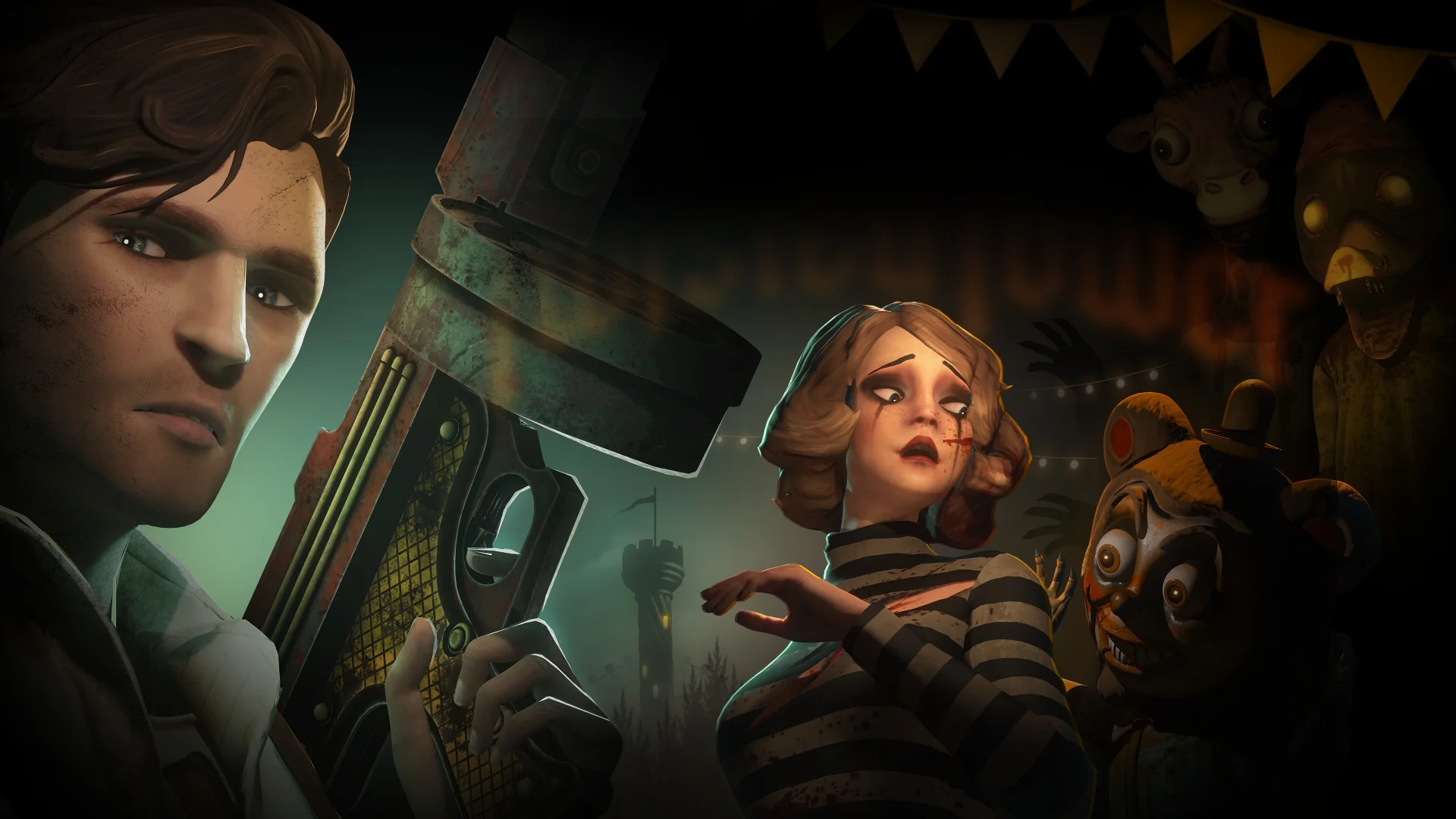 Twisted Tower key art showing the protagonist, Charlotte, and corrupted mascots